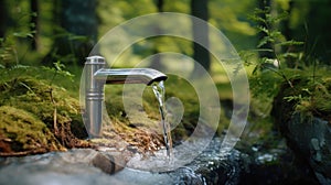 A stream of water flows from a faucet into another stream of water in a display of water conservation and the importance of saving