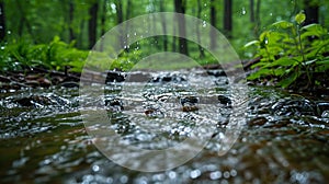 A stream of water runs through the forest as spring approaches
