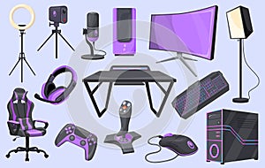 Streamer tools. Game stream setup professional equipment, cyber gaming entertainment working pro gamer accessories