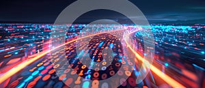 Streaming binary data moving on a digital road - 3d illustration.Generative AI