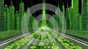 Streaming binary data moving on a digital road - 3d illustration.Generative AI