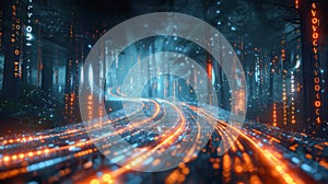 Streaming data, binary data moving on a digital road.Generative AI