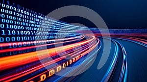 Streaming data, binary information flowing through a digital pathway.