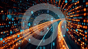 Streaming data, binary data moving on a digital road.Generative AI