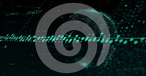 Streaming horizontal data stream merging into dotted globe on dark interface, numeric overlays