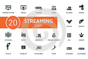 Streaming icon set. Contains editable icons streaming theme such as webcast, viewers, sponsor and more.