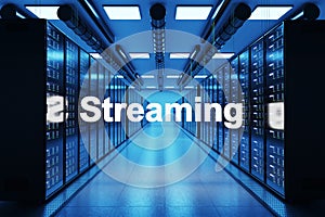 Streaming logo in large modern data center with multiple rows of network internet server racks, 3D Illustration