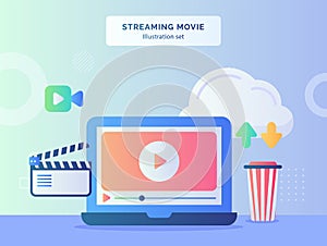 Streaming movie illustration set playing video nearby camera film icon cloud upload download with flat style