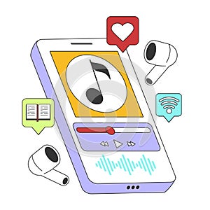 Streaming music service. Smartphone and headphones. Listening to music