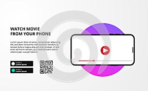 Streaming online cinema, movie, or film series from app phone screen video display with download landing page