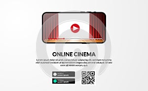 Streaming online cinema, movie, or film series from app phone screen video display with download landing page