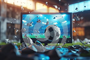 Streaming tv of a soccer match in a stadium. Generative AI