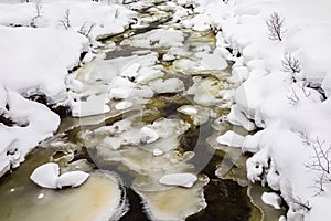 A streaming winter river between ice and snow, in the mountains of Setesdal, Norway