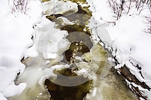 A streaming winter river between ice and snow, in the mountains of Setesdal, Norway