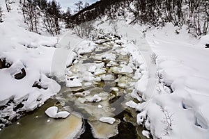 A streaming winter river in the mountains of Setesdal, Norway. River is surrounded by trees, snow and ice