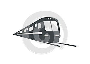 Streamline commuter train. Perpsective view. Simple illustration in black and white.