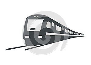 Streamline commuter train turning. Silhouette illustration in perspective view.