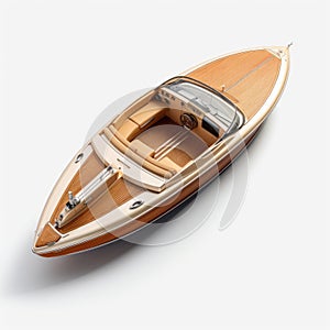 Streamline Elegance: A Stunning Wood Motor Boat In Light Gold And Navy