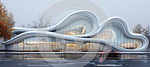 Streamlined architecture of a modern sports stadium on a foggy day. The fluid design of the structure on an urban street