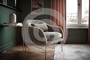 a streamlined armchair with a geometric patterned cushion and metal legs