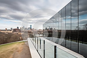 streamlined glass and steel facade with views of the city skyline