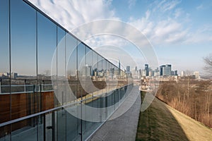 streamlined glass and steel facade with views of the city skyline