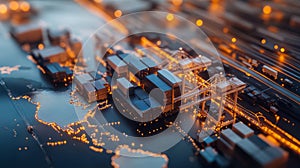Streamlined Global Logistics Container Shipping Network Against a Vibrant Illuminated City Background photo