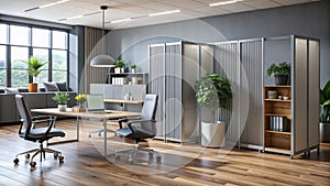 Streamlined Gray Office Design A Modern Workspace Featuring a Folding Screen Laminate Flooring and Professional