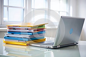 Streamlined and Organized Workspace A Modern Office Setup with Laptop and File Folders