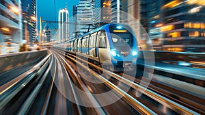 streamlined train with motion blur moves from tunnel on the background of the city