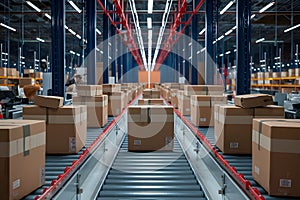 Streamlined warehouse operations, cardboard packages moving on conveyor belt