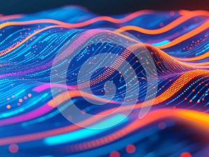 Streams of binary code and data visualizations flowing through a digital network grid