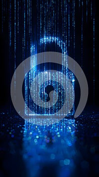 Cybersecurity Defense Visualization Featuring Falling Code Stream and Secure Lock Icon