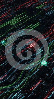 Streams of digital text and code flow diagonally on a dark background, featuring