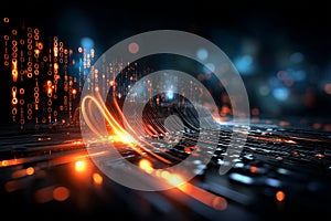 Streams of glowing binary code flow through a cosmic tunnel, symbolizing technology and futuristic innovation. Data, connectivity
