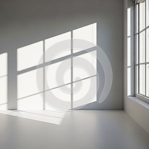 Streams through a large grid window casting geometric shadows on a