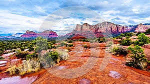 Streams and Puddles on the Red Rocks the Munds Mountain after a heavy rainfall near the town of Sedona in northern Arizona