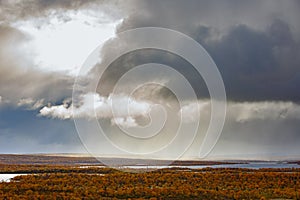 Streams of rain from the clouds over the tundra in autumn