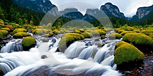 Streams of water that flow together to form a waterfall There are mountains and sky in the background