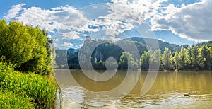 Strecno Castle, landscape with ruins of a castle on a rock above the river, Slovakia