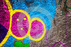 Street abstract bright colorful graffiti on a concrete wall. Urban culture background of street art graffiti