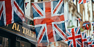 Street adorned with Union Jack flags in preparation for national holiday festivities.