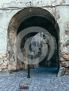 Street of an ancient city in Europe. Romanian city of Sighisoara