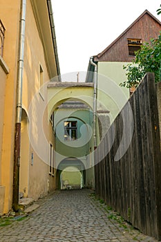 Street of an ancient city in Europe. Romanian city of Sighisoara