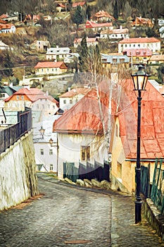 Street with ancient houses in the old town Banska Stiavnica