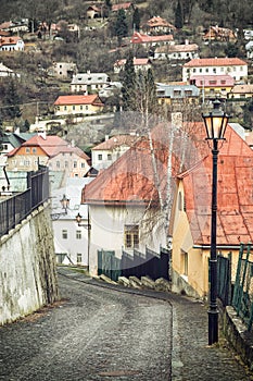 Street with ancient houses in the old town Banska Stiavnica, Slovakia, Unesco