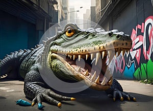 A street art of a crocodile in graffiti style, adorning a city street. Ideal for urban art, street culture, and creative