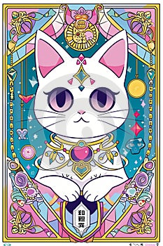 A street art inspired tarot card featuring a kawaii cat fusion