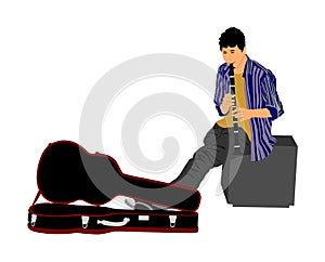 Street artist musician boy playing on the clarinet, vector illustration. Street music performer with flute, clarinet isolated.