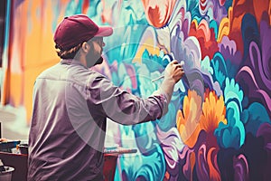 Street Artist Painting Colorful Graffiti on Public Wall, Modern Street Art Murales, Generative AI Illustration photo